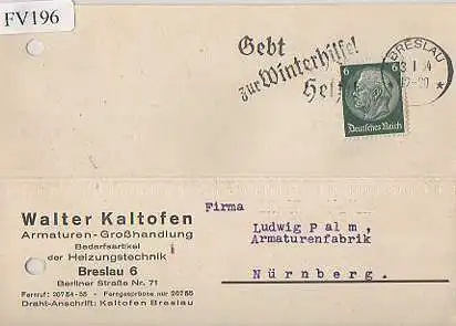 x15796; Firmenkarten; Breslau 6. Walter Kaltofen Armaturen Großhandlung