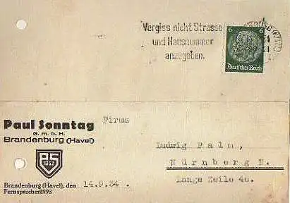 x15844; Firmenkarten; Brandenburg (Havel). Paul Sonntag GmbH.
