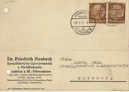 x15847; Firmenkarten; Frankfurt a.M Schwanheim.. Dr. Friedrich Neubeck. Spezialfabrik für Galvanotechnik u. Metallindustrie