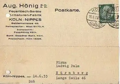 x15853; Firmenkarten; Köln Nippes. Aug.Hönig GmbH.. Feuerlöschgeräte, Armaturen Fabrik