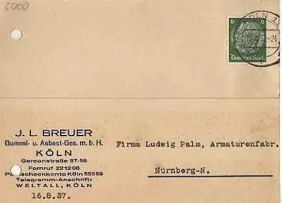 x15856; Firmenkarten; Köln. J.L.Breuer. Gummi u. Asbest GmbH.