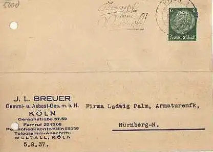 x15857; Firmenkarten; Köln. J.L.Breuer. Gummi u. Asbest GmbH.