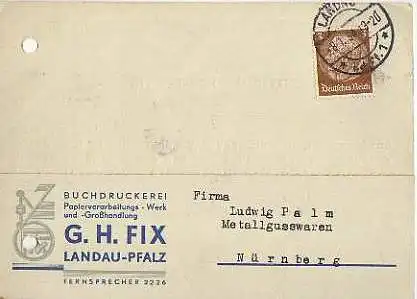 x15861; Firmenkarten; Landau (Pfalz). G.H. Fix. Buchdruckerei (Spezialfabrik für Selbstklebekarten und Durchschreibe. Drucksachen