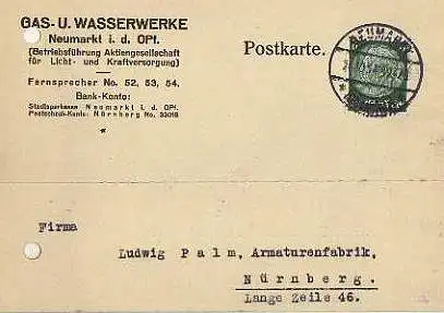 x15869; Firmenkarten; Neumarkt Ostpf.. Städtische Gas u. Wasserwerke