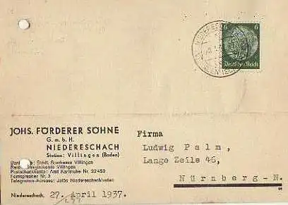 x15872; Firmenkarten; Niedereschach. Johs. Förderer Söhne GmbH.