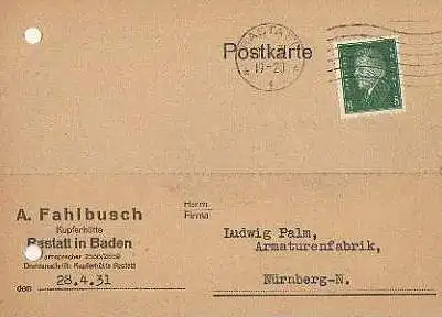 x15873; Firmenkarten; Rastatt in Baden. A.Fahlbusch. Kupferhütte