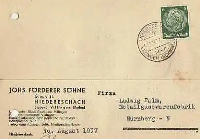 x15876; Firmenkarten; Niedereschach. Johs. Förderer Söhne GmbH.