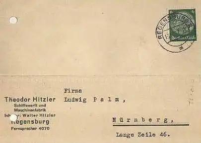 x15878; Firmenkarten; Regensburg. Theodor Hitzler. Schiffswerft und Maschinenfabrik