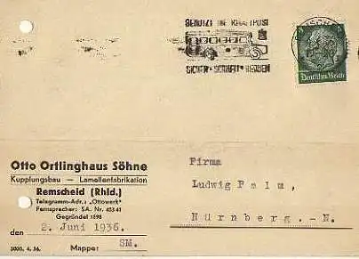 x15880; Firmenkarten; Remscheid Rhld). Otto Ortlingshaus Söhne. Kupplungsbau Lamellenfabrik.