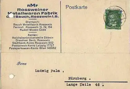 x15881; Firmenkarten; Rosswein i.S.. Carl Bauch. Metallwarenfabrik