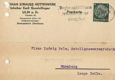 x15885; Firmenkarten; Ulm a.D.. Nathan Strauss. Hüttenwerk
