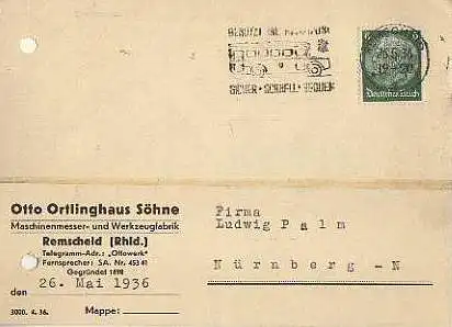 x15886; Firmenkarten; Remscheid Rhld). Otto Ortlingshaus Söhne. Kupplungsbau Lamellenfabrik.