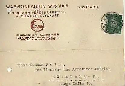 x15890; Firmenkarten; Wismar. Waggonfabrik der Eisenbahn Verkehrsmittel, Aktiengesellschaft