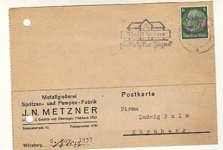 x15892; Firmenkarten; Würzburg. J.N.Metzner. Metallgießerei, Spritzen, und Pumpen Fabrik
