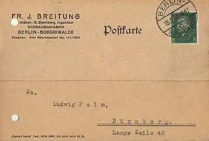 x15895; Firmenkarten; Berlin Borsigwalde Fr. J. Breitung Schraubenfabrik
