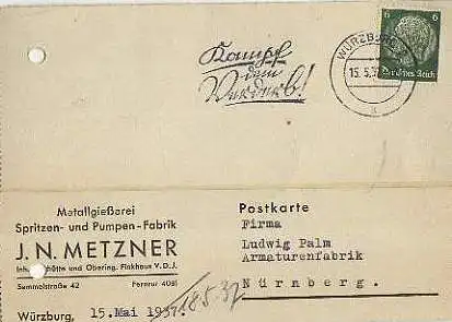 x15896; Firmenkarten; Würzburg. J.N.Metzner. Metallgießerei, Spritzen und Pumpen Fabrik
