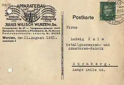 x15897; Firmenkarten; Wurzen i.Sa.. Julius Wilisch. Apparatebau