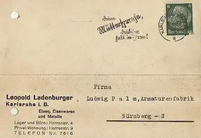 x15898; Firmenkarten; Karlsruhe i. B. Leopold Ladenburger, Eisen Eisenwaren und Metalle