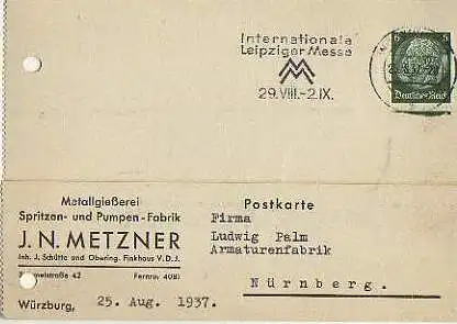 x15900; Firmenkarten; Würzburg. J.N.Metzner. Metallgießerei, Spritzen, und Pumpen Fabrik