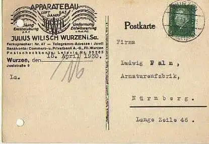 x15901; Firmenkarten; Wurzen i.Sa.. Julius Wilisch. Apparatebau