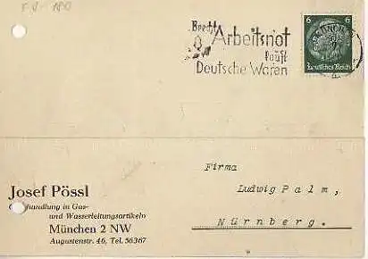 x15903; Firmenkarten; München 2 NW. Josef Pössl Grosshandlung in Gas und Wasserleitungsartikel