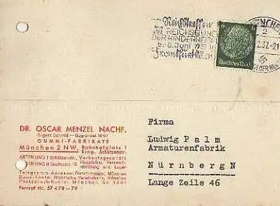 x15904; Firmenkarten; München 2 NW. Dr. Oscar Menzel Nachf. Gummi Fabrikate. Rückseite mit Afkleber: 1897 1937.