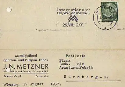 x15905; Firmenkarten; Würzburg. J.N.Metzner. Metallgießerei, Spritzen, und Pumpen Fabrik