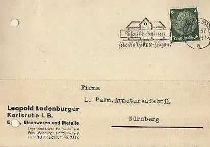 x15906; Firmenkarten; Karlsruhe i. B. Leopold Ladenburger, Eisen Eisenwaren und Metalle
