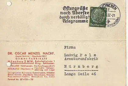 x15907; Firmenkarten; München 2 NW. Dr. Oscar Menzel Nachf. Gummi Fabrikate. Rückseite mit Afkleber: 1897 1937.