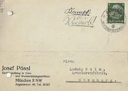 x15908; Firmenkarten; München 2 NW. Josef Pössl Grosshandlung in Gas und Wasserleitungsartikel