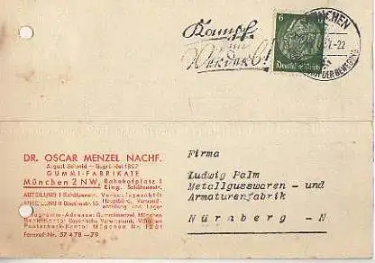 x15911; Firmenkarten; München 2 NW. Dr. Oscar Menzel Nachf. Gummi Fabrikate. Rückseite mit Afkleber: 1897 1937.
