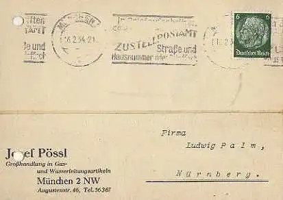 x15912; Firmenkarten; München 2 NW. Josef Pössl Grosshandlung in Gas und Wasserleitungsartikel