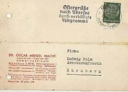 x15913; Firmenkarten; München 2 NW. Dr. Oscar Menzel Nachf. Gummi Fabrikate. Rückseite mit Afkleber: 1897 1937.