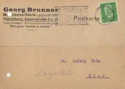 x15915; Firmenkarten; Nürnberg Georg Brunner, Metallwaren Fabrik