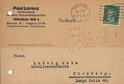 x15916; Firmenkarten; München Paul Lorenz Großhandlung Sanitärer Wasserleitungsartikel