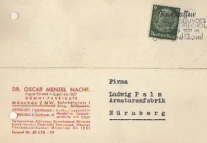 x15918; Firmenkarten; München 2 NW. Dr. Oscar Menzel Nachf. Gummi Fabrikate. Rückseite mit Afkleber: 1897 1937.
