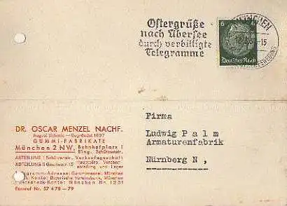 x15922; Firmenkarten; München 2 NW. Dr. Oscar Menzel Nachf. Gummi Fabrikate.