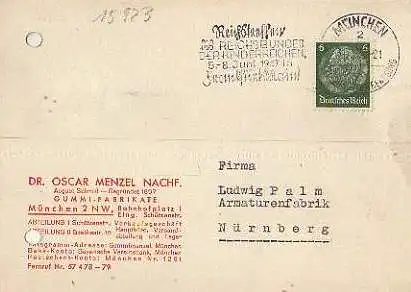x15923; Firmenkarten; München 2 NW. Dr. Oscar Menzel Nachf. Gummi Fabrikate. Rückseite mit Afkleber: 1897 1937.