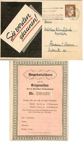 x16013; Dt. Reichslotterie. Angebotsschein.