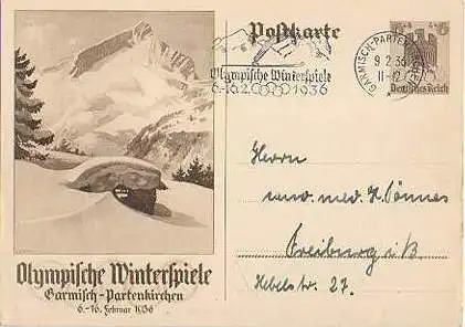 x16014; Olympiade Stempel: Olympische Winterspiele 1936 Garmisch Partenkirchen 9.2.36