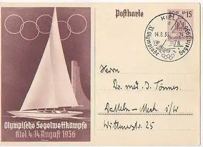 x16016; Olympiade Stempel: Kiel XI Olympiade Segeln 1939 14.8.36