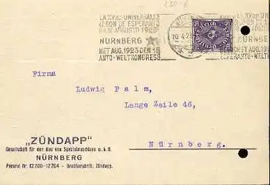 x16017; Esperanto Stempel : Nürnberg het Aug. 1923 15 Esperanto Weltkongres