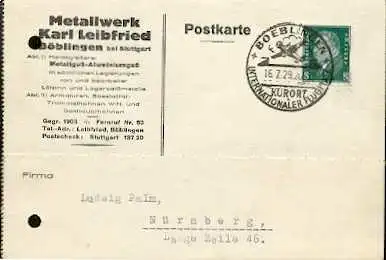 x16024; Luftfahrt Stempel:Internationaler Flugplatz. Boeblingen Kurort . 16.7.29 Mi412 nach Nürnberg.