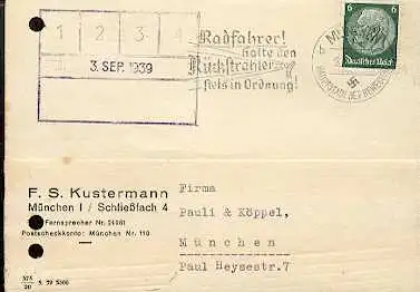 x16034; Fahrrad Stempel: Radfahrer halte den Rückstrahler stets in Ordnung. München 2.9.39; Mi416.