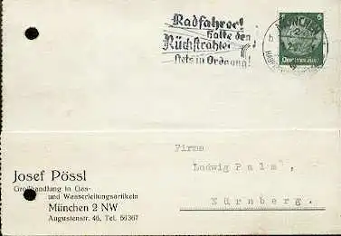 x16036; Fahrrad Stempel: Radfahrer halte den Rückstrahler stets in Ordnung. 1937.