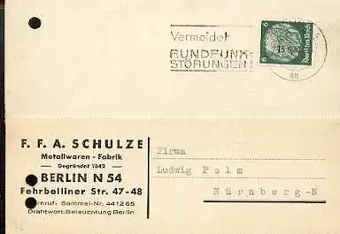 x16043; Funk Stempel: Vermeidet Rundfunkstörungen. Berlin 13.9.39; auf Firmenkarte F.F.A Schulze. Berlin (gelocht).