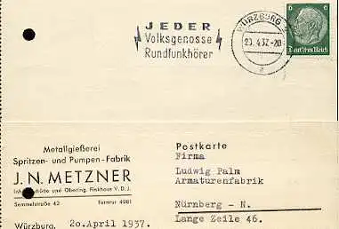 x16048; Funk Stempel: Jeder Volksgenosse Rundfunkhörer. Würzburg 20.4.32. (gelocht).