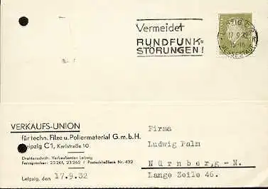 x16050; Funk Stempel: Vermeidet Rundfunkstörungen. Leipzig C2, 17.9.32; (gelocht).