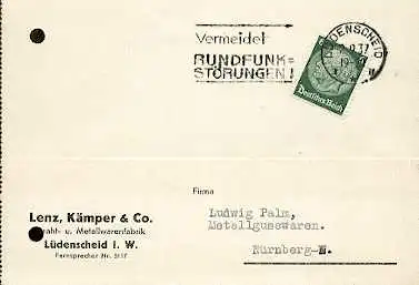 x16051; Funk Stempel: Vermeidet Rundfunkstörungen. Remscheid, 2.9.37: (gelocht).