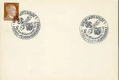 x16054; Feuerwehr Stempel : Lichterfelde Tag der Wehrmacht 1942, Heeres Feuerwerkerschule. Berlin 29.3.42 blanko.